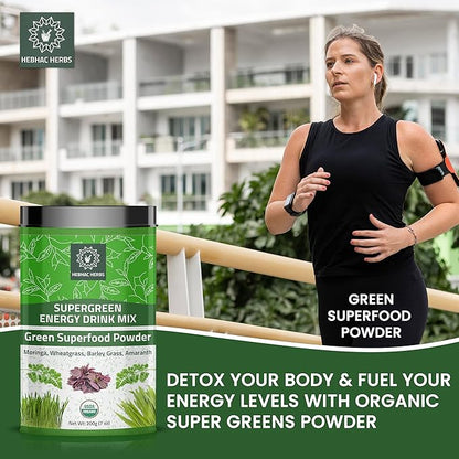 Organic Super Green Energy Drink Mix 200g (7 oz) Moringa Powder, Wheat Grass Powder, Barley Grass Powder, Amaranth Powder, Greens Superfood Detox Powder, Natural Energy Drink Mix 200g