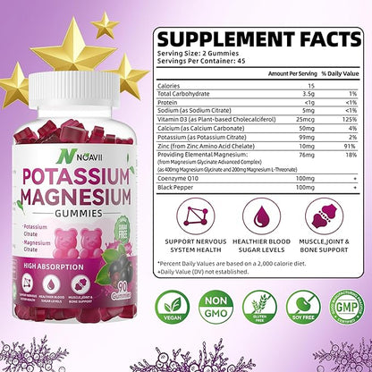 Potassium Magnesium Gummies, New Formula Calm Magnesium Glycinate Gummies, Chewable Gummy Supplements for Leg Cramps & Muscle, Elderberry Flavor 90 Count