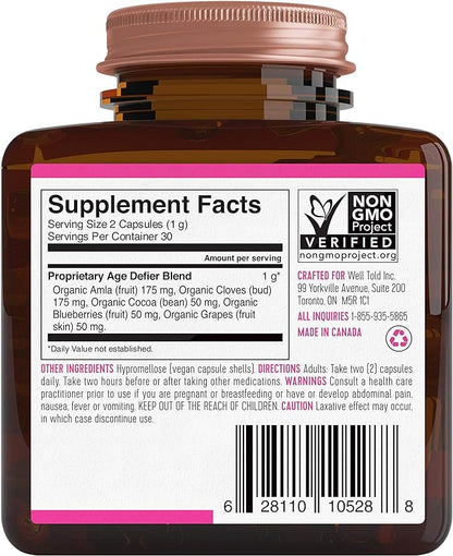 Anti-Aging Skin Support Supplement - Well Told Health Age Defier with Organic Amla, Cacao, and Resveratrol from Organic Grapes - Non-GMO + Vegan (60 Capsules)