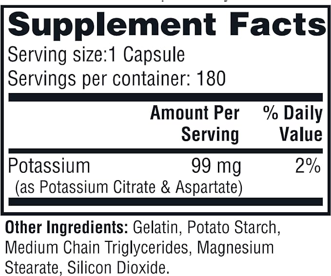 Twinlab Potassium Caps - Electrolyte Supplement for Muscle, Heart & Tissue Health - 180 Capsules, 99 mg