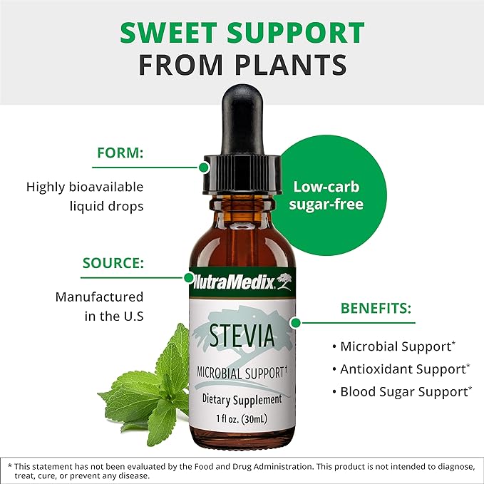 NutraMedix Stevia - Bioavailable Liquid Stevia Leaf Extract Drops for Microbial Support - Sugar Alternative with Microbial Support Properties - Low-Carb, No Added Sugar (1 oz / 30 ml)