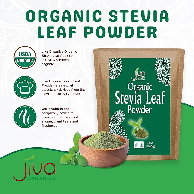 Jiva Organics Natural Unprocessed Stevia Leaf Powder 1 Pound Bulk Kraft Bag - Product of India - Green Color, Original Stevia Leaf Ground with no additives