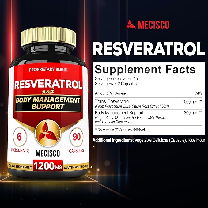 Trans Resveratrol Supplement with Grape Seed, Milk Thistle, and More - Resveratrol 1000mg Organic - 6 Herbal Supports for Immune System, Heart Health, Body Management & Joint Health - 90 Capsules