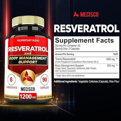 Trans Resveratrol Supplement with Grape Seed, Milk Thistle, and More - Resveratrol 1000mg Organic - 6 Herbal Supports for Immune System, Heart Health, Body Management & Joint Health - 90 Capsules