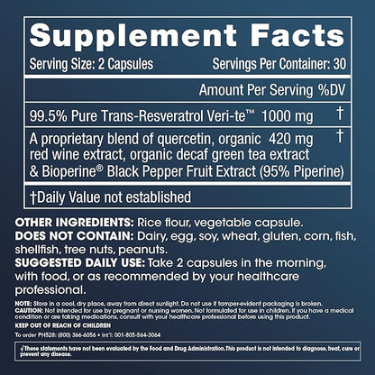 ProHealth 1,000 mg Trans-Resveratrol. 99.5% Pure, 15X Better Absorption from 420mg Polyphenol Complex (Quercetin, Red Wine & Green Tea, BioPerine) (1000mg Per 2-Capsule Serving) (60 Capsules) 3 Pack