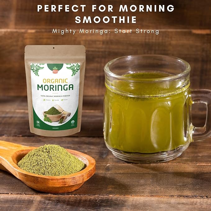 Green Moringa Superfood Powder 4 oz. - 100% Pure Moringa Oleifera Leaf Powder for Tea and Hair, Nutrient-Rich Energy Booster - Certified USDA Organic, Non-GMO, and Raw from India