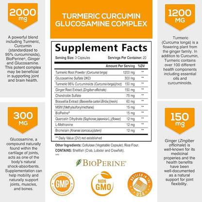 Turmeric Curcumin with BioPerine, Ginger & Glucosamine 95% Curcuminoids 2000mg Black Pepper for Max Absorption Joint Support, Nature's Tumeric Herbal Extract Supplement, Vegan, Non-GMO - 60 Capsules