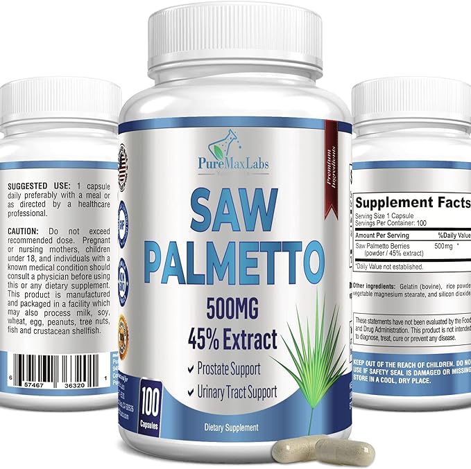 Extra Strength Saw Palmetto - 45% Extract Prostate Supplement, Decrease Frequent Urination, DHT Blocker for Hair Growth, Non-GMO, 100 Capsules