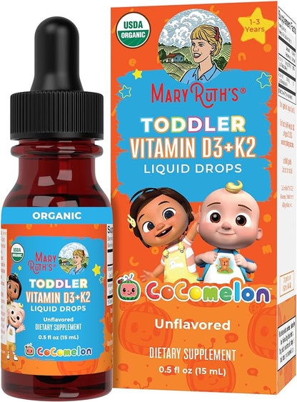 MaryRuth Organics CoComelon Vitamin D3 K2 Liquid Drops for Toddlers | Vitamin K2 D3 Supplement for Kids Ages 1-3 | Calcium Absorption | Strong Bones | USDA Organic | Sugar Free | 15 mL