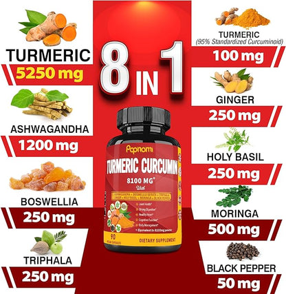 Turmeric Curcumin Extract Capsules - Equivalent to 8100mg - 90 Counts 3 Month Supply - Blended Ashwagandha, Moringa, Ginger & More - Immunity, Joint, Digestive & Wellness Support