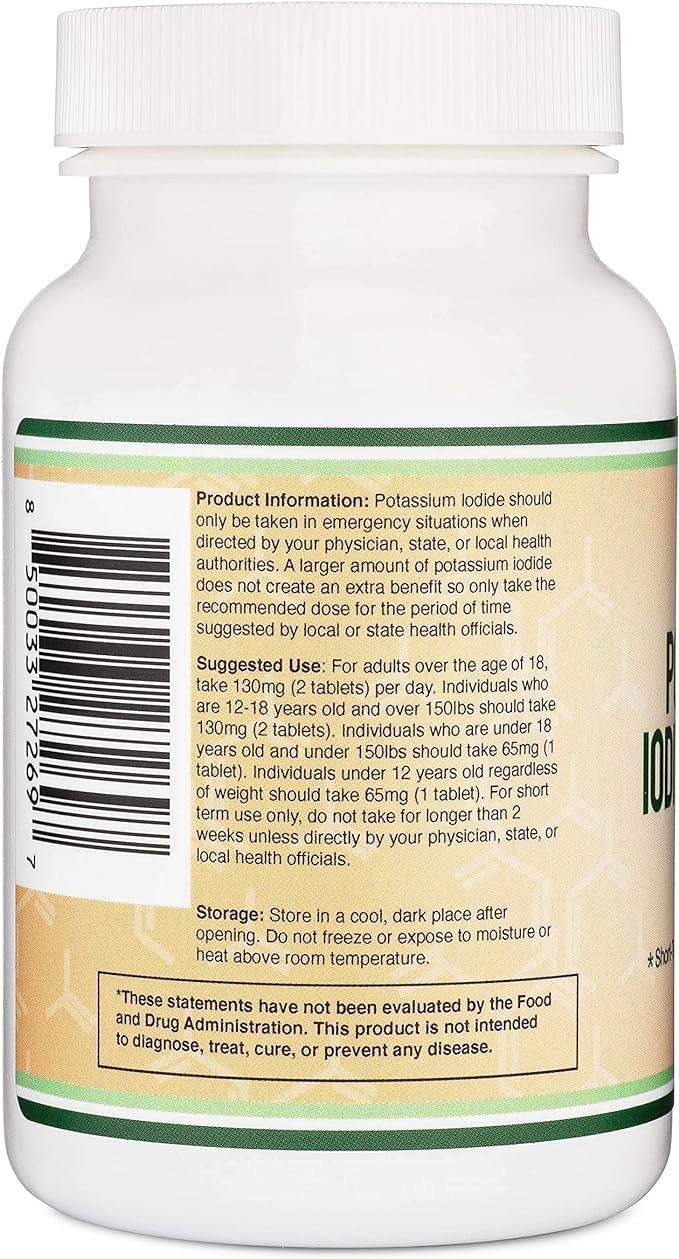 Potassium Iodide 130mg Tablets - Emergency Use for Exposure - 180 Count, 3 Month Supply - Double Wood Supplements