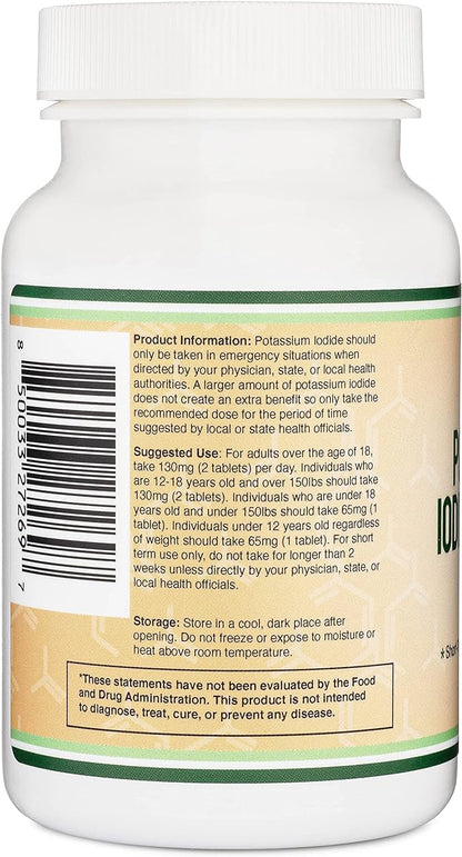 Potassium Iodide 130mg Tablets - Emergency Use for Exposure - 180 Count, 3 Month Supply - Double Wood Supplements