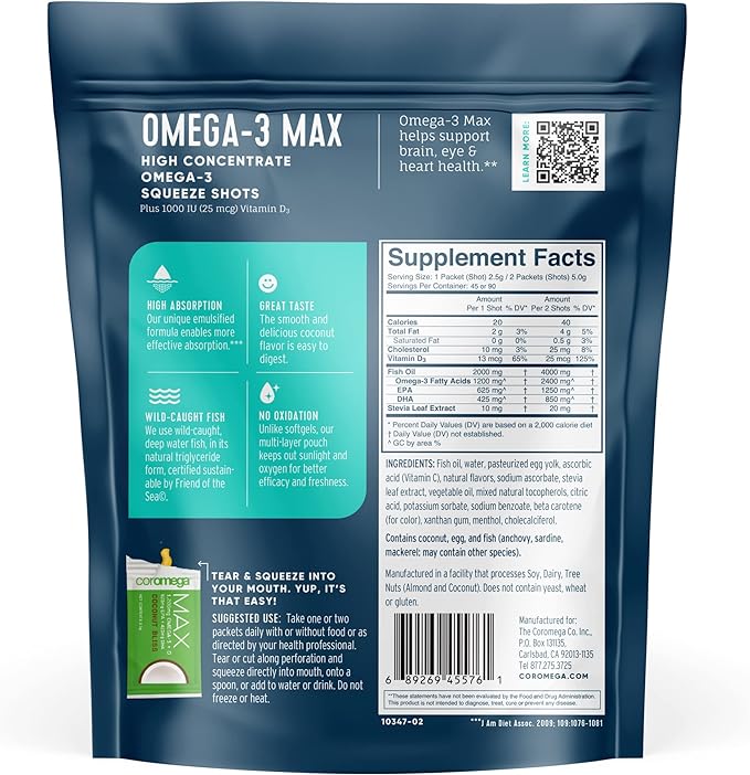 Coromega MAX High Concentrate Omega 3 Fish Oil with Vitamin D, 2400mg Omega-3s with 3X Better Absorption Than Softgels, 60 Single Serve Packets, Coconut Bliss Flavor