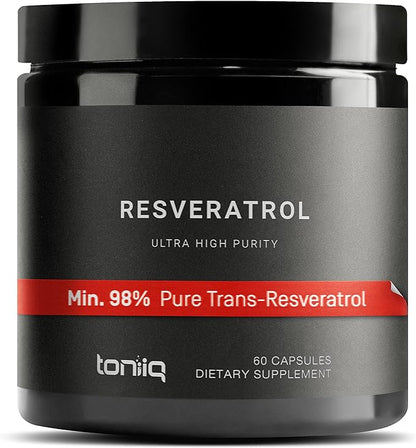 Toniiq Ultra High Purity Resveratrol Capsules - 98% Trans-Resveratrol - Highly Purified and Bioavailable - 60 Caps Reservatrol Supplement