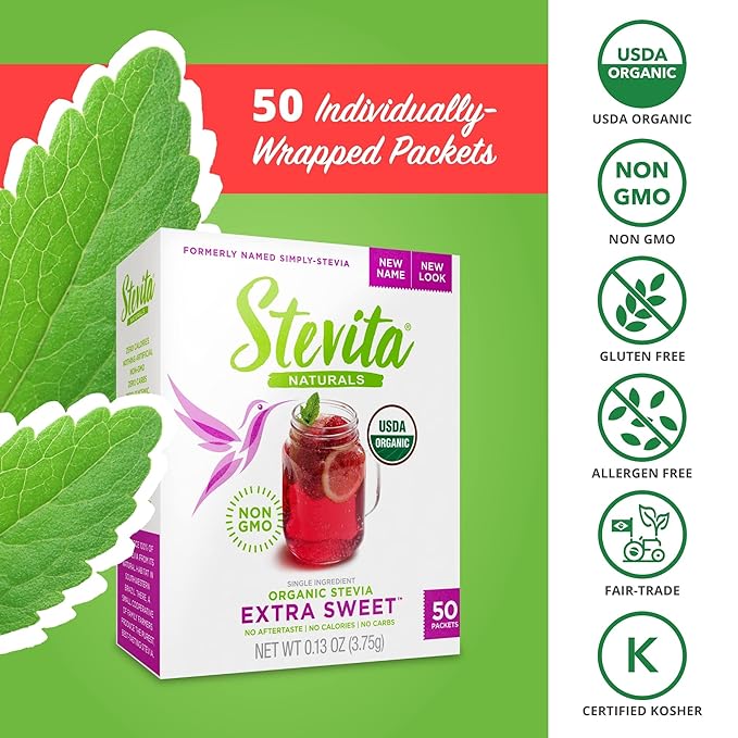 STEVITA Organic Stevia Extra Sweet - 50 Packets - All-Natural, No Calorie Sweetener - USDA Organic, Non-GMO, Vegan, Kosher, Keto, Paleo, Gluten Free - 50 Servings