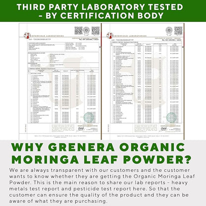 Grenera Organic Moringa Powder - 2.2 lbs (35.2 oz) | Moringa Oleifera Leaf Powder Lab Tested for Purity | Moringa Powder Organic Perfect for Smoothies, Drinks, Tea & Recipes | 100% Raw from India