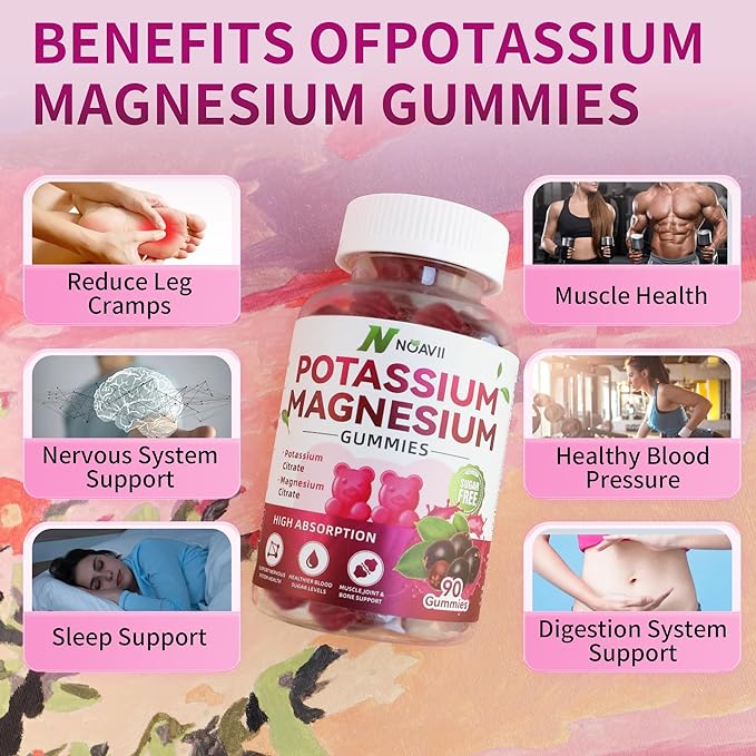 Potassium Magnesium Gummies, New Formula Calm Magnesium Glycinate Gummies, Chewable Gummy Supplements for Leg Cramps & Muscle, Elderberry Flavor 90 Count