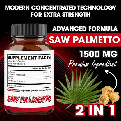 agobi 1500mg Saw Palmetto Supplement with Maca Root - High Extract Support for Hair Health, Restful Mood, Immune System & Energy Production - 150 Veggie Capsules