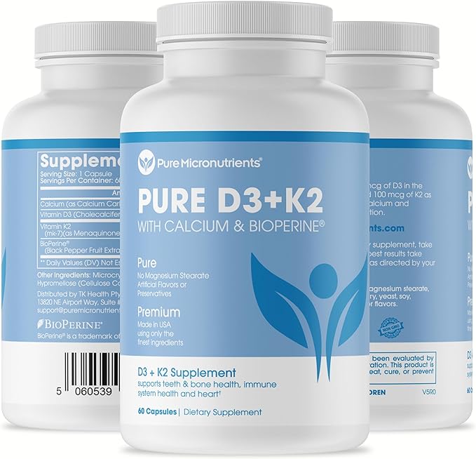 Pure Micronutrients Vitamin D3 K2 Supplement | MK7 100mcg, D3 5000 iu, Calcium + BioPerine | Muscle & Bone Health, Heart, Immunity & Energy Support | VEGAN | 60 capsules