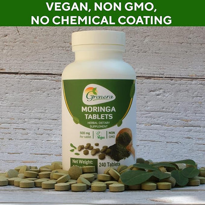 Grenera Moringa Tablets 240 nos, Uncoated Malunggay Herbal Supplement, No Chemical Coating, Green Superfood, Lab Tested for Purity