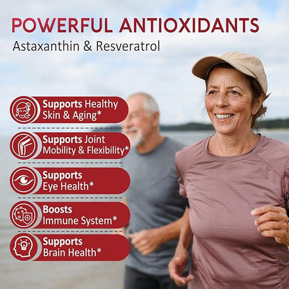 Sugar-Free Astaxanthin 24mg Gummies with Resveratrol 500mg, Powerful Antioxidants Supplement w/ Vitamin B1, Coconut Oil - Healthy Aging, Skin, Eye, Joint, Immune - Vegan, Non-GMO, 60 Count, Grape FLA