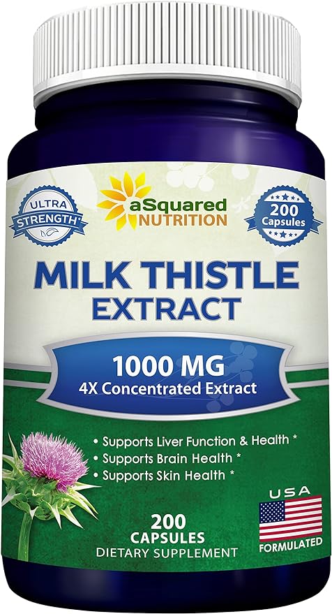 aSquared Nutrition Milk Thistle Supplement 1000mg-200 Capsules,Max Strength 4X Concentrated Extract 4:1 Milk Thistle Seed Powder Herb Pills, 1000 mg Silymarin Extract for Liver Support, Cleanse, Detox