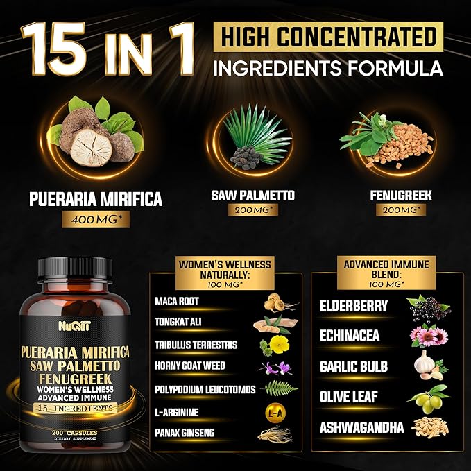 Pueraria Mirifica Extract 10:1 Fenugreek with Immune & Women's Wellness Supplement 1000mg - Saw Palmetto, Maca Root, Elderberry & More - 200 Capsules - Immune System, Energy Production, Women's Health