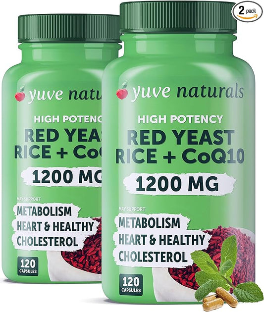 Red Yeast Rice 1200 mg Capsules with CoQ10 - Maintain Healthy Cholesterol Levels, Herbal Heart Health Vegan Red Yeast Rice Supplement - Red Rice Yeast with CoQ10 for Women & Men - 120 Ct (2-Pack)