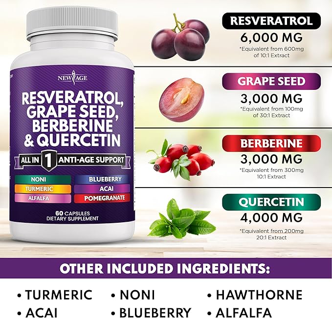 NEW AGE Resveratrol 6000mg Berberine 3000mg Grape Seed Extract 3000mg Quercetin 4000mg - Polyphenol Supplement for Women and Men with Noni Extract, N-Acetyl Cysteine, Acai Extract - 120 Capsules