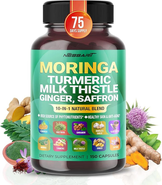 Moringa 18,000mg Supplement - 10-in-1 Natural Blend with Turmeric Milk Thistle Ginger Saffron Fenugreek Holy Basil Ceylon Cinnamon - 150 Count - Made & Tested in The USA