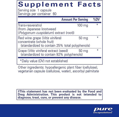 Pure Encapsulations Resveratrol EXTRA - 100 mg Trans-Resveratrol - For Healthy Cellular & Cardiovascular Function* - Antioxidants Supplement - Non-GMO & Gluten Free - 60 Capsules