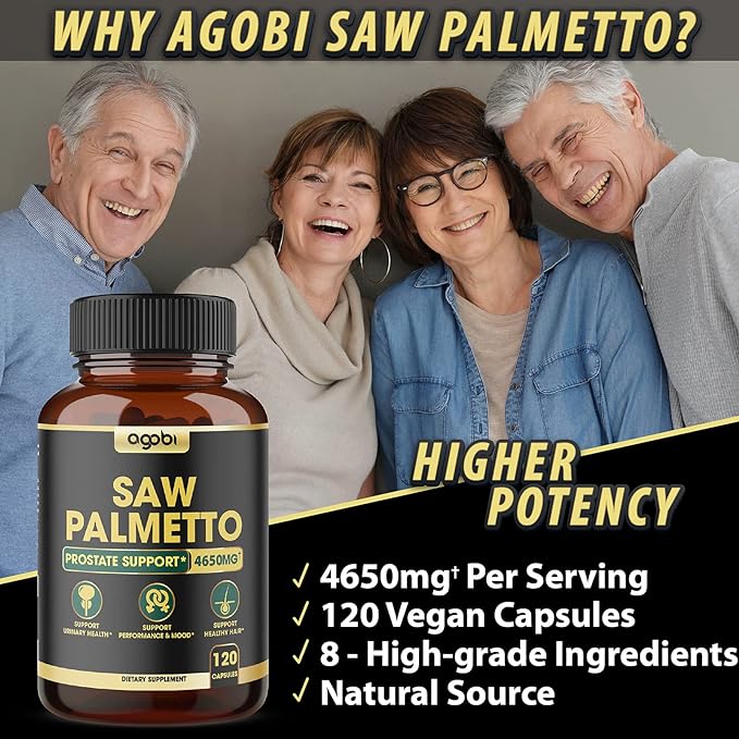 Saw Palmetto Prostate Support Supplement 8in1 Equivalent 4650mg with Ashwagandha, Turmeric Curcumin, Ginger, Nettle Leaf, Holy Basil & More - 120 Capsules