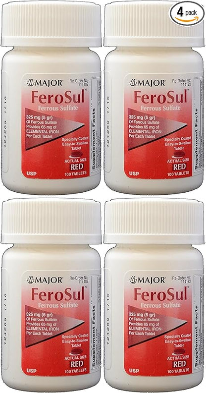 Ferrous Sulfate FC 325mg (5GR) Generic for Feosol Red Tablets 100 Tablets per Bottle 4 PACK Total 400 tablets