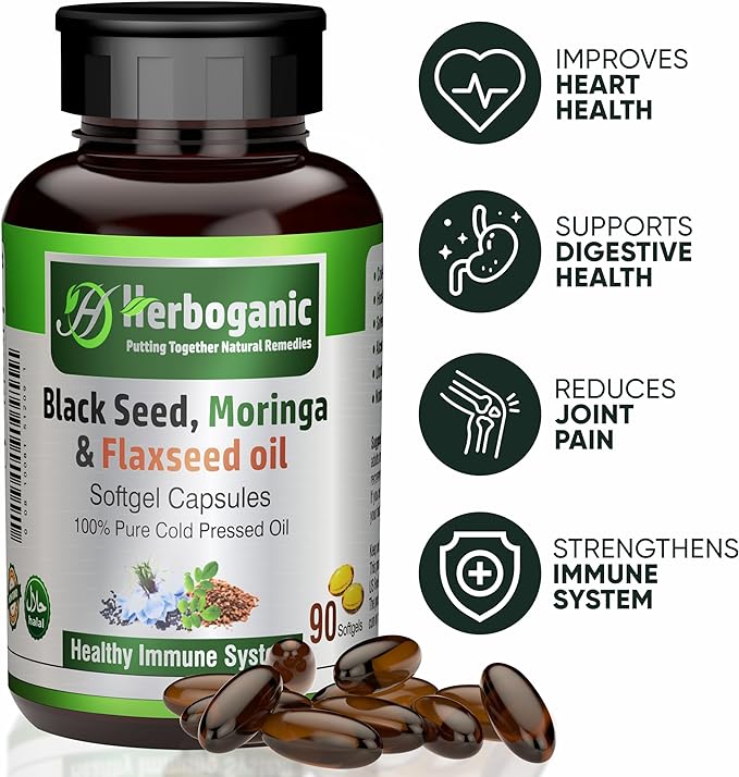 Black Seed, Moringa and Flaxseed Oil Softgels Capsules - 90 Count - Blended with Other Herbal Products-Supports Overall Health Wellness and Immunity.