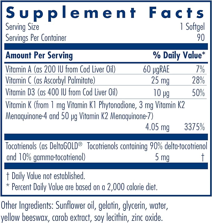 Allergy Research Group Full Spectrum Vitamin K - Vitamin K1 and K2 Supplement, Vitamin K Complex, MK-4, MK-7, Vitamin D3, Vitamin A - 90 Count