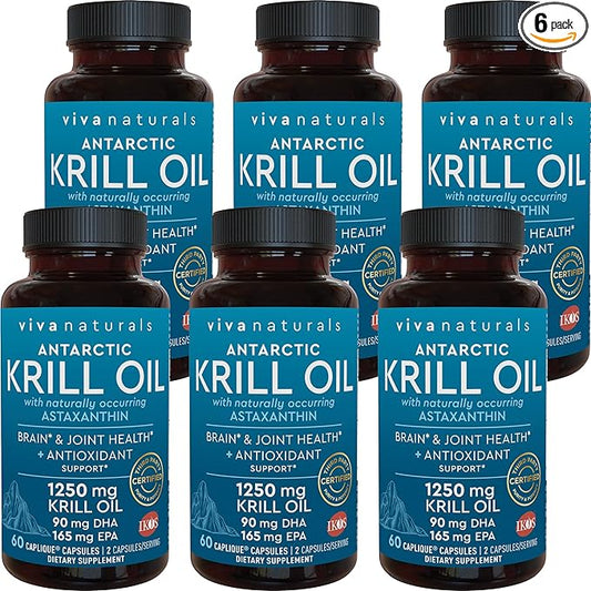 Antarctic Krill Oil 1250 mg, Omega 3 EPA DHA and Astaxanthin, Joint Support and Brain Supplement with Antioxidant Properties, No Fishy Aftertaste (6 Pack)