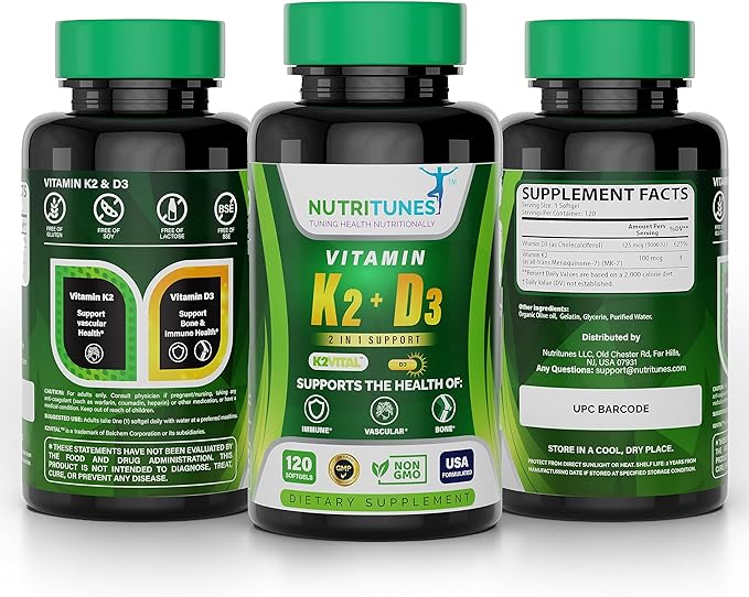 Vitamin K2 + D3 (120 Softgels) - Vitamin D3 K2 Supplement - Supports Cardiovascular & Bone Health - Non-GMO - Allergen-Free - 120 Softgels