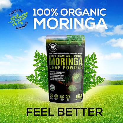 100% Raw and Pure Moringa Leaf Powder. Organic Certified Moringa Leaf. Natural Superfood with Essential Amino Acids, Antioxidants, and Omega 3, 8 oz Resealable Bag.