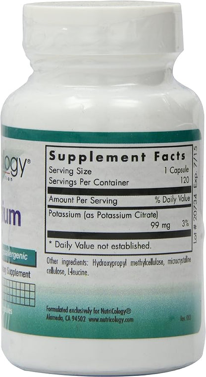 Nutricology Potassium Citrate - for Men & Women, Organic, Pure, Well-Absorbed, 99mg Supplement, Vegetarian Capsules - 120 Count