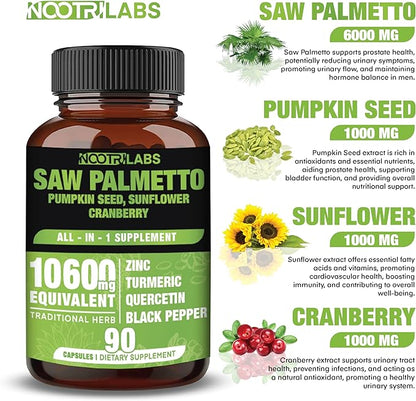 All-in-1 10600mg Highest Potency Saw Palmetto, Pumpkin seed, Sunflower, Cranberry, Turmeric, Quercetin, Zinc, Black Pepper - Immune, Antioxidant, Prostate & Joint Health Support - 90 Vegan Capsules