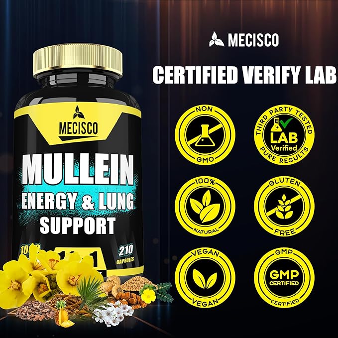 210 Capsules - 11in1 Mullein Leaf Capsules with Panax Ginseng Root, Cordyceps Sinensis & More - Support Respiratory Health, Immune System, Energy Production & Comfortable Mind