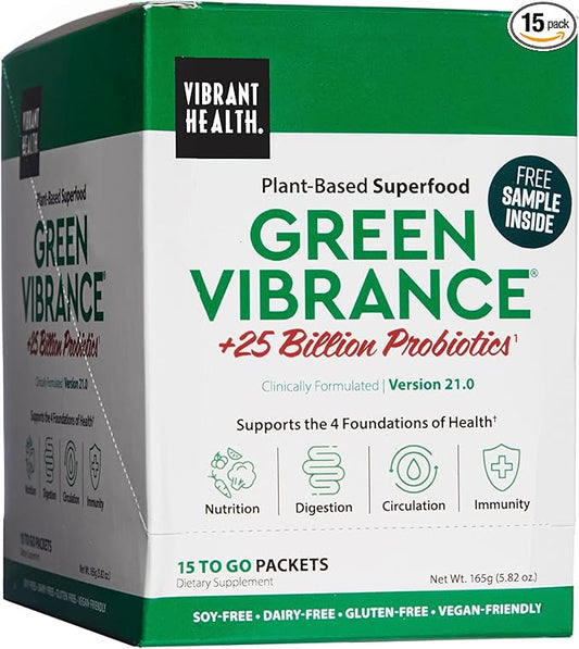 Vibrant Health, Green Vibrance Packets, Travel-Friendly Vegan Superfood Powder, 15 Packets