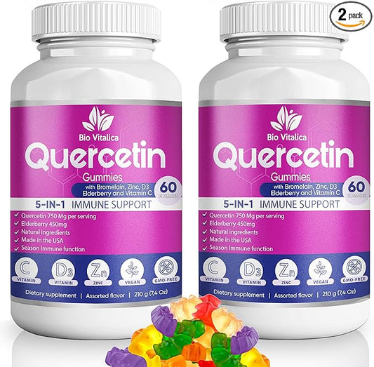 BIO VITALICA (2 Pack) Quercetin Gummies by BioVitalica - Quercetin with Bromelain Vitamin C and Zinc & Elderberry + Vitamin D3-5 in 1 Immune Support - Zinc Quercetin 750 mg for Kids and Adults