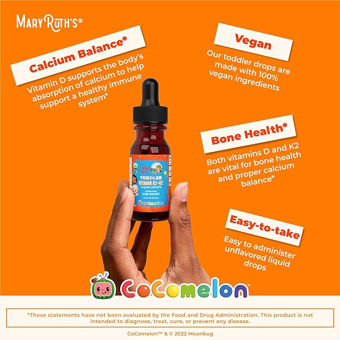 MaryRuth Organics CoComelon Vitamin D3 K2 Liquid Drops for Toddlers | Vitamin K2 D3 Supplement for Kids Ages 1-3 | Calcium Absorption | Strong Bones | USDA Organic | Sugar Free | 15 mL