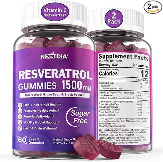 Resveratrol Gummies 1500mg - Sugar Free Resveratrol Supplement with Quercetin, Grape Seed, Acai Berries Extracts Support Antioxidant, Healthy Aging & longevity, Skin, Joint, Brain Wellness - Vegan