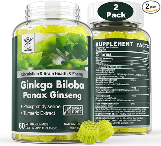 Ginkgo Biloba Extract Gummies | 120mg | Brain Health | Stimulate Memory & Focus | with Panax Ginseng, Phosphatidylserine, Turmeric, Black Pepper Extract | Sugar Free 120 Counts