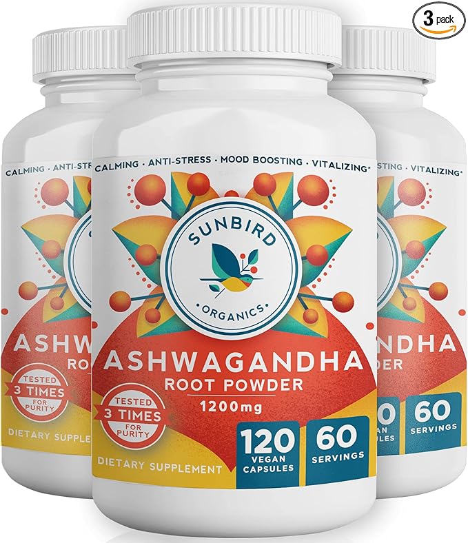 Ashwagandha Capsules Organic, Stress & Sleep Support, Potent 1200mg Pure Ashwagandha Root Powder, 120 Vegan Ashwagandha Capsules, Made in USA - 3 Bottles