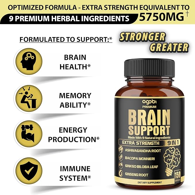 9in1 Brain Support Supplement 5750 Mg - Blended With Ashwagandha, Panax Ginseng, Gotu Kola, Ginkgo Biloba, Black Pepper & More - Accuracy, Focus, Memory & Energy Booster - 150 Capsules For 5 Months