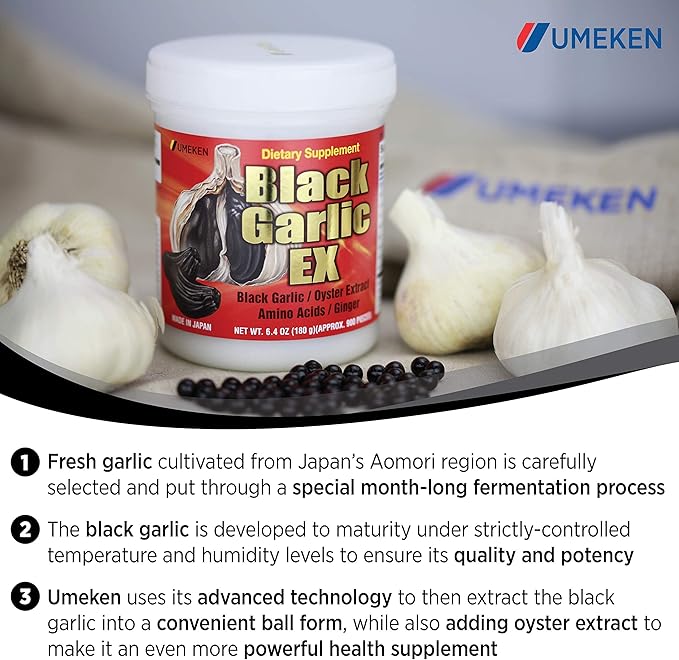 Umeken Black Garlic EX - Fermented Black Garlic Extract rich in Vitamin B1, Antioxidants, Allicin, Amino Acids. Great for Energy, Stamina, Strengthening Immune System, Natural Antibiotic.