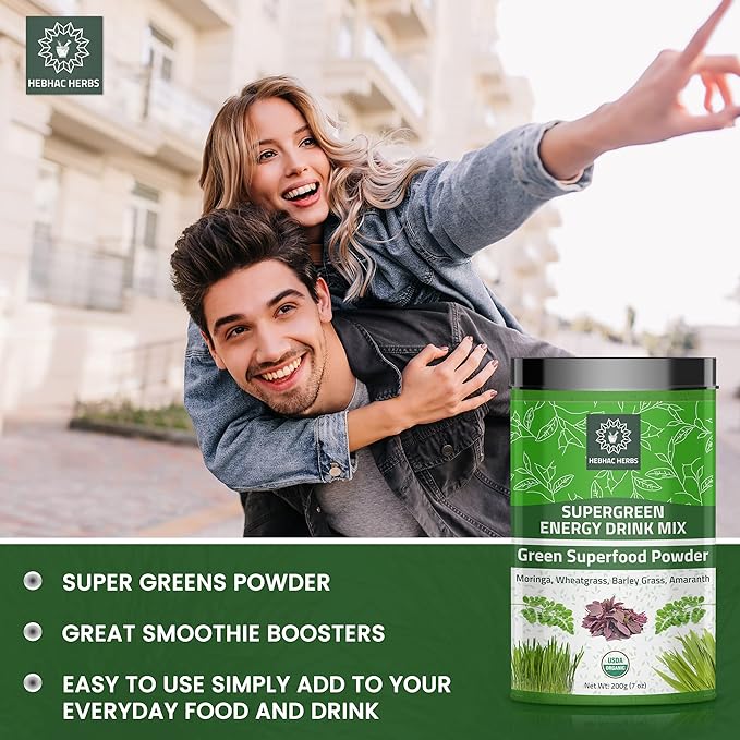 Organic Super Green Energy Drink Mix 200g (7 oz) Moringa Powder, Wheat Grass Powder, Barley Grass Powder, Amaranth Powder, Greens Superfood Detox Powder, Natural Energy Drink Mix 200g